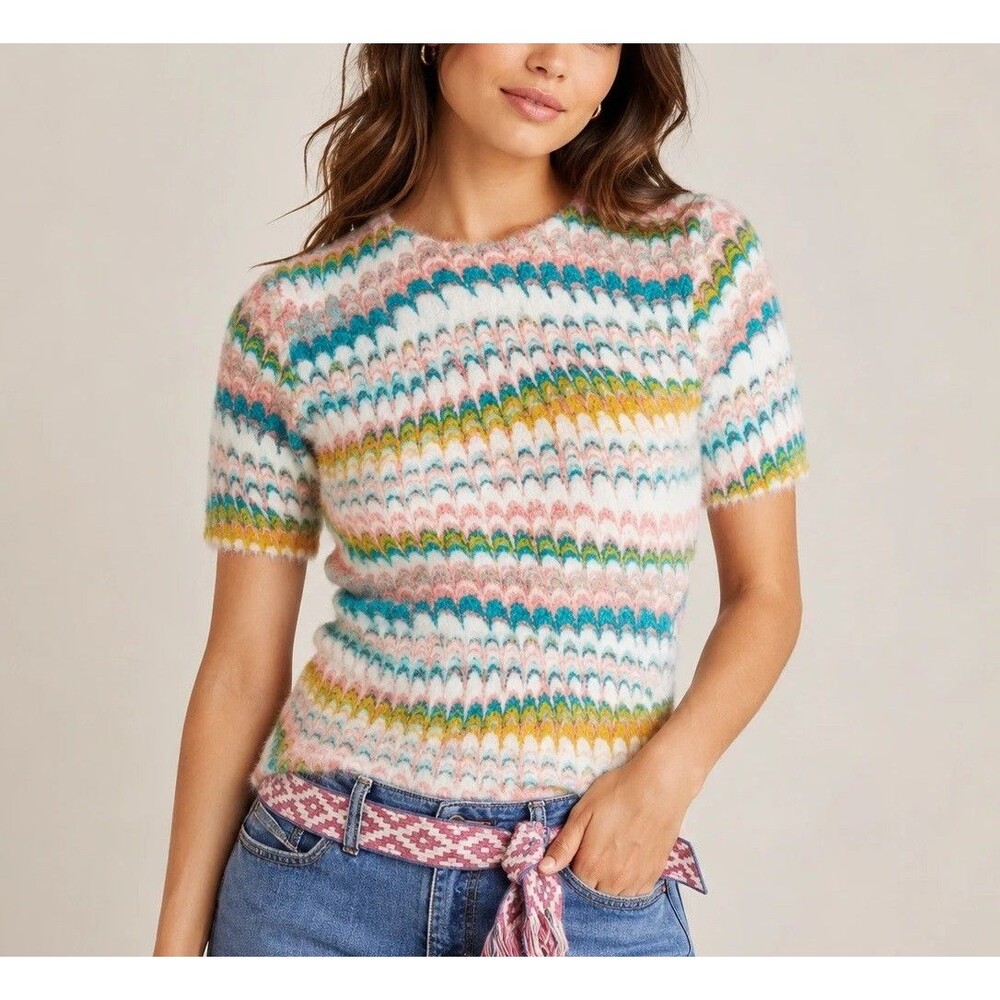 Anthropologie Pastel Marbled Eyelash Sweater Tee Fuzzy Knit Top Medium